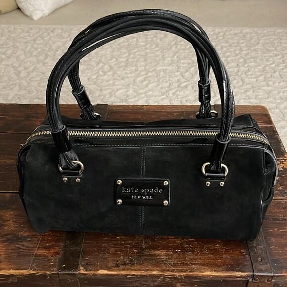 Kate Spade Black Suede and Patent Leather Vintage Satchel Handbag 12"x5"x7" - Picture 1 of 8
